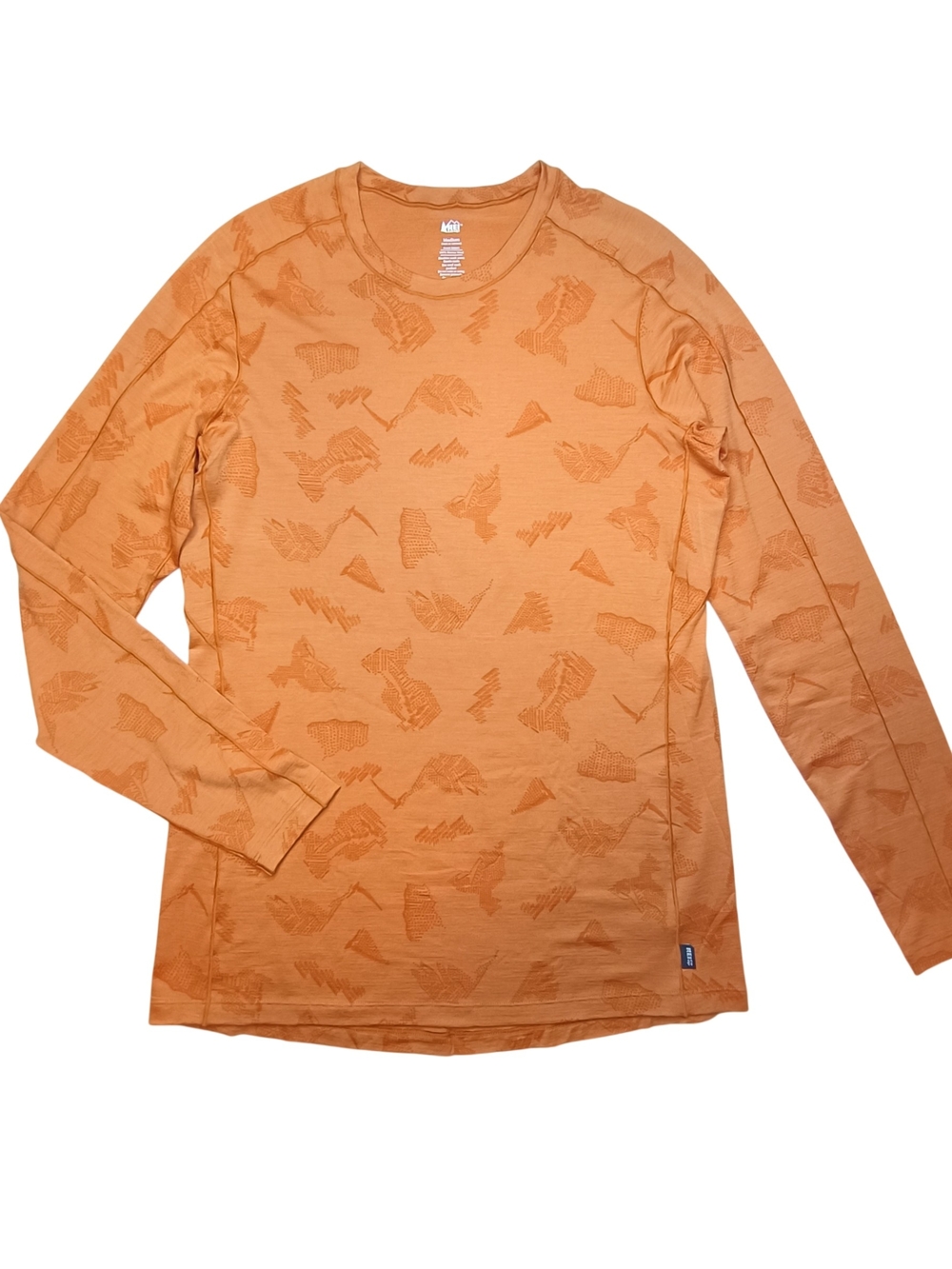 REI Co-op Merino 185 Long Sleeve Base Layer Top Orange Mountain Pattern Size M